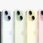 The five iPhone 15 color vaiants stacked next to each other, we have Black, blue, green, yellow and pink