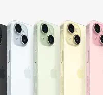 The five iPhone 15 color vaiants stacked next to each other, we have Black, blue, green, yellow and pink