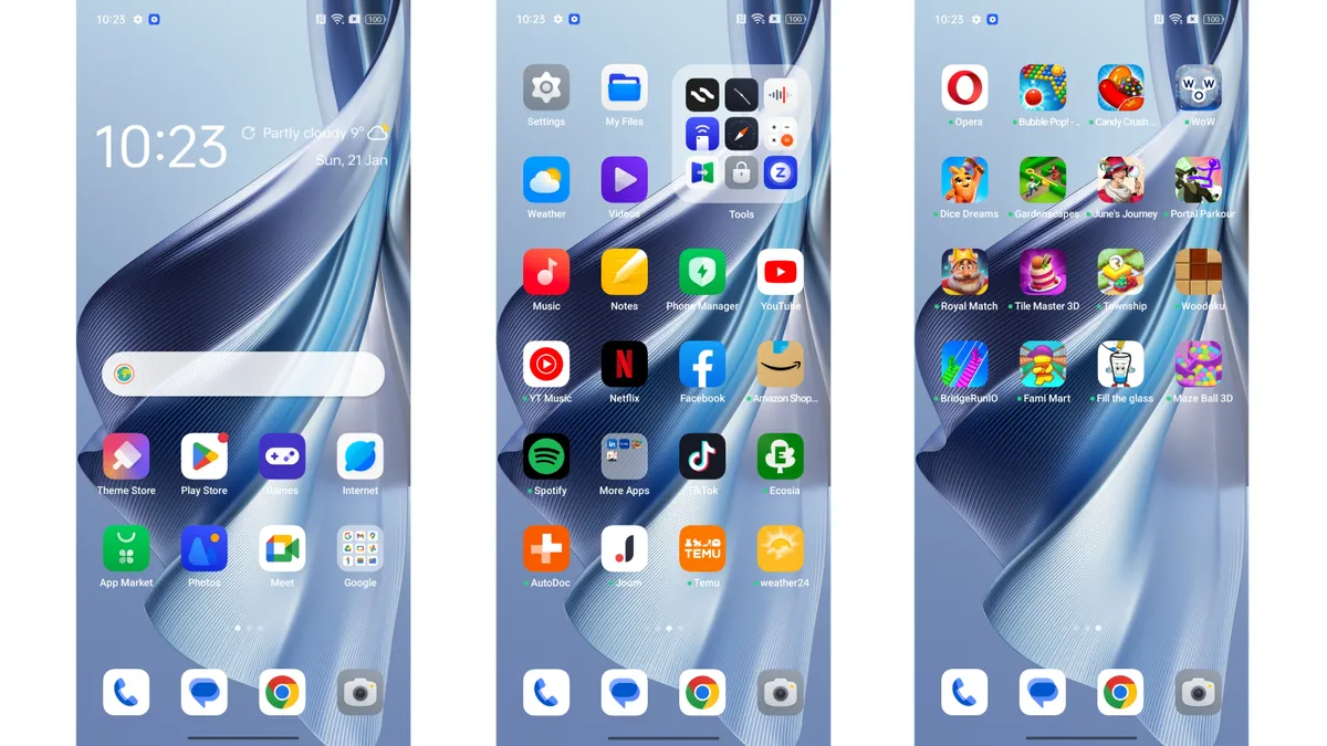 Three screenshots showing the user interface of the Oppo Reno 10 as soon as it was set up for the first time. Note how some of those icons are actually folders, hiding even more pre-installed apps.
