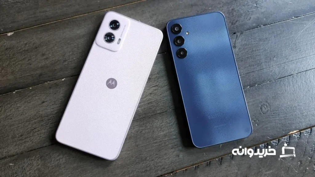 بررسی گوشی سامسونگ گلکسی ای 25 فایو جی 5 Motorola's Moto G Power 5G (left) comes in a Pale Lilac color with a vegan leather body, while the Samsung Galaxy A25 5G comes in a Blue Black color for its plastic body.