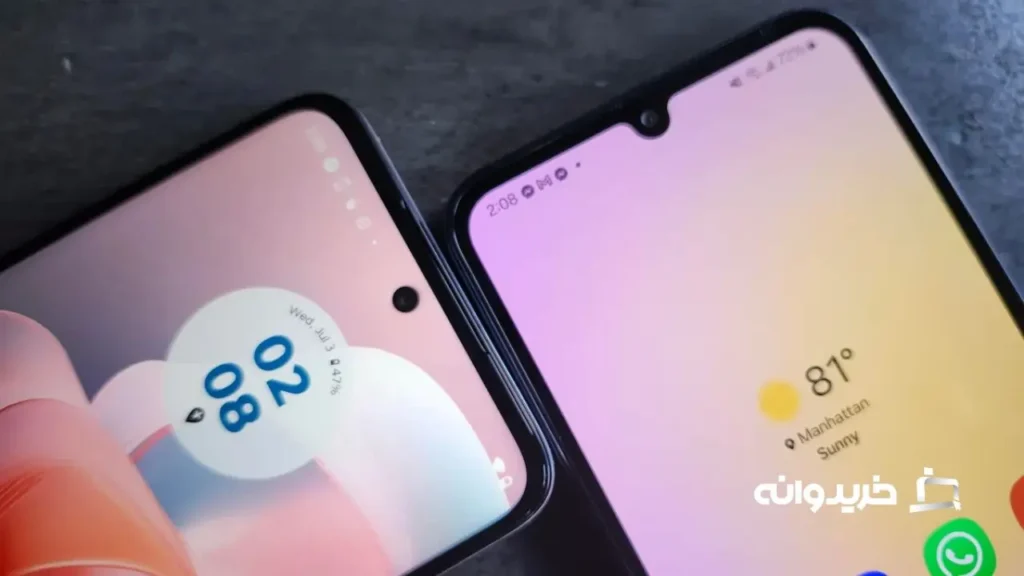 بررسی گوشی سامسونگ گلکسی ای 25 فایو جی 4 The Moto G Power 5G (left) has a display cutout while the Galaxy A25 (right) uses a more blocky notch for the front-facing camera.