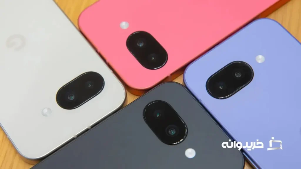 بررسی گوشی گوگل پیکسل 9 ای 25 Four Pixel 9A phones, each in a different color.