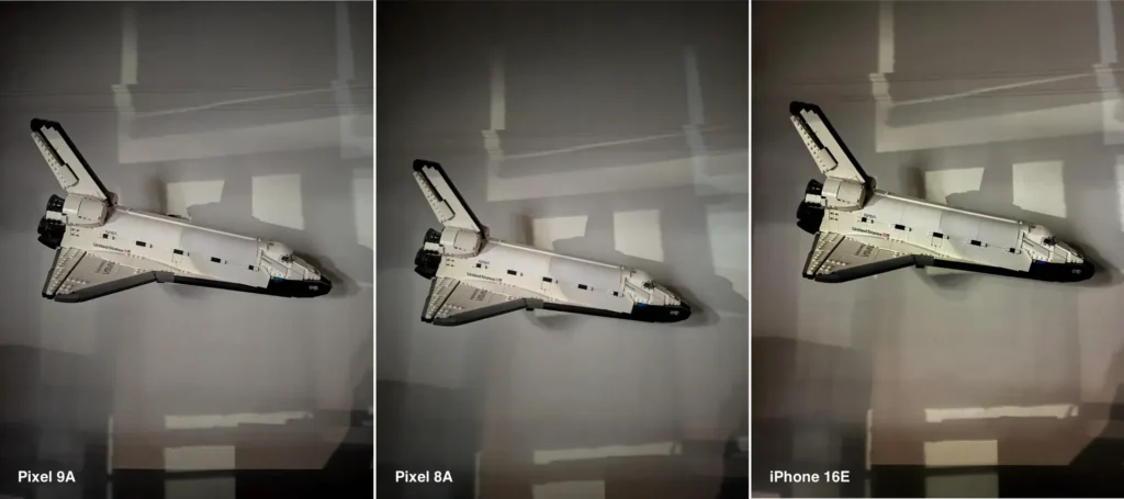 بررسی گوشی گوگل پیکسل 9 ای 19 Here are night mode photos from the three phones of a Lego space shuttle.