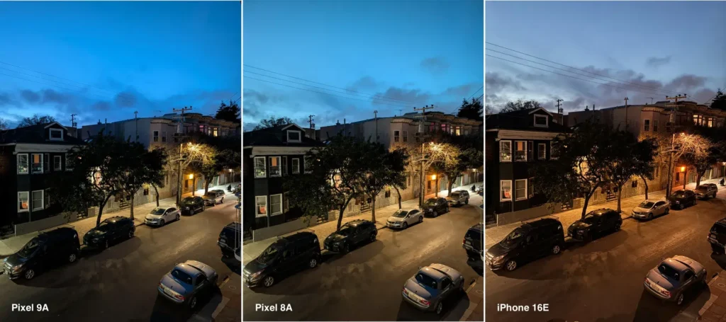 بررسی گوشی گوگل پیکسل 9 ای 20 Here are night mode photos from the three phones of a residential street at dusk.