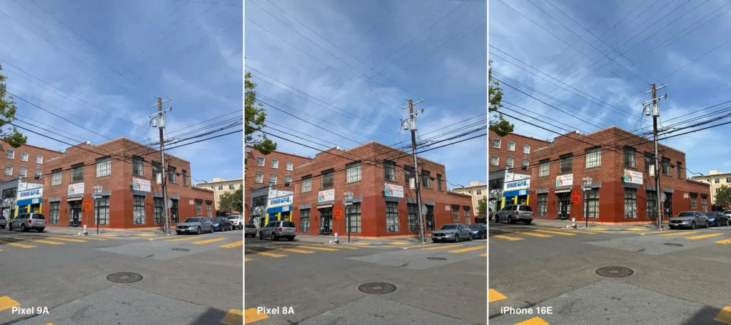 بررسی گوشی گوگل پیکسل 9 ای 17 Here are three photos of the same corner. From left to right the Pixel 9A, Pixel 8A and iPhone 16E.