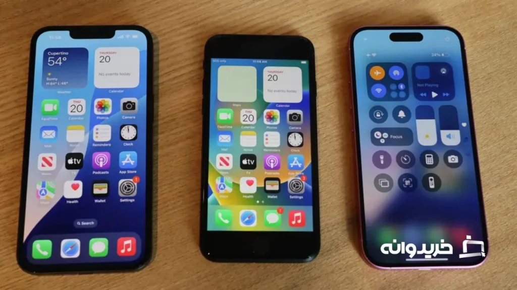 The iPhone 16e (left) next to the iPhone SE 3 (middle), and the iPhone 16.