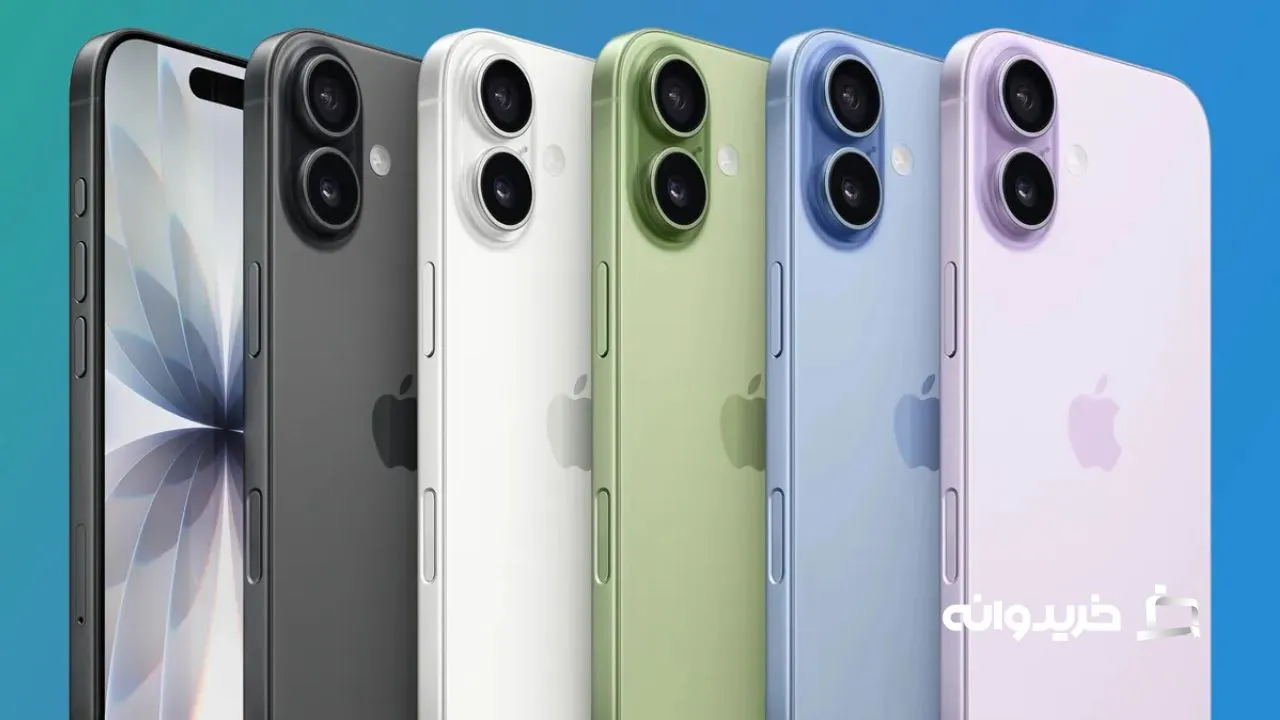 ترکیب کامل رنگ‌های آیفون ۱۷ - از چپ، مشکی، سفید، مریم گلی، آبی مه آلود و بنفش کمرنگ.